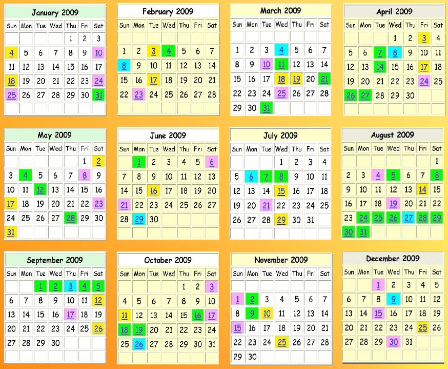 Calendar of Jain auspicious/special dates and regular events such as athum (8th day of the month) and chuwdas (14th day of the month)